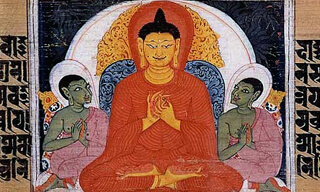 Buddha teaching the Four Noble Truths. Sanskrit manuscript. Nalanda, Bihar, India