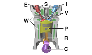 Diagram of a cylinder as found in an overhead cam 4-stroke gasoline engine