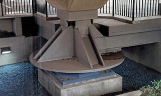 Close-up of abutment of seismically retrofitted Municipal Services Building in Glendale, California