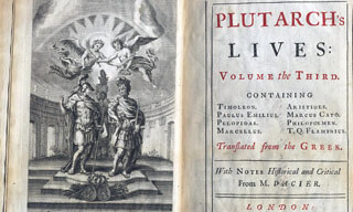 Third volume of a 1727 edition of Plutarch's Lives of the Noble Greeks and Romans printed by Jacob Tonson